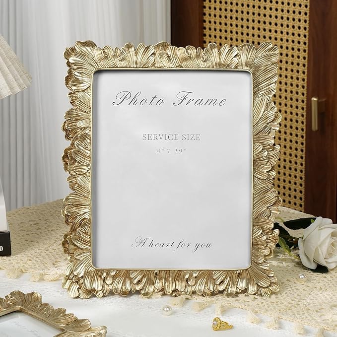 Cuspin 8x10 Picture Frame Vintage Gold Frames, Elegant Photo Frame with Glass Front, Palm Leaves Textured Hand-Crafted Resin Frame for Wall and Tabletop Display Home Decor