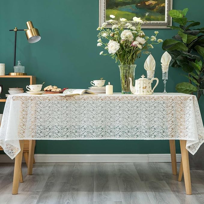 Lace Tablecloth Leaf Pattern Warp Knitting Fabric Solid White Rectangle/Oblong Table Cover for Kitchen Dining Farmhouse Wedding Party Decor Ivory, 55x84 Inch