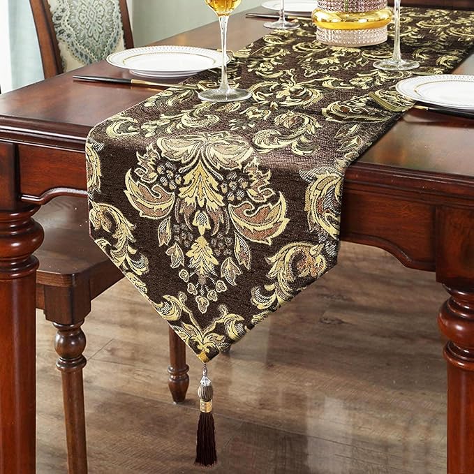 Dark Brown Coffee Table Runner Chenille Retro Golden Flowers 98 inches Long