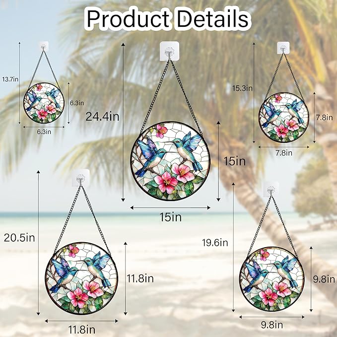 Stained Glass Window Hanging - Blue White Hummingbirds Pink Flowers Suncatcher for Door Terrace Garden Home Decor Bird Sun Catcher Birthday Gifts for Lovers Women Men Dad Mom Nana 9.8 in