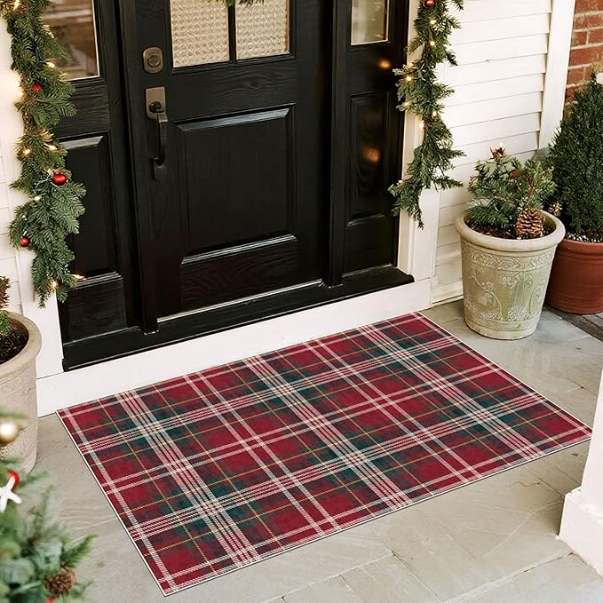 Area Rug Red Tartan Christmas Door Mat, 2x3 Ft Polyester Non-Slip