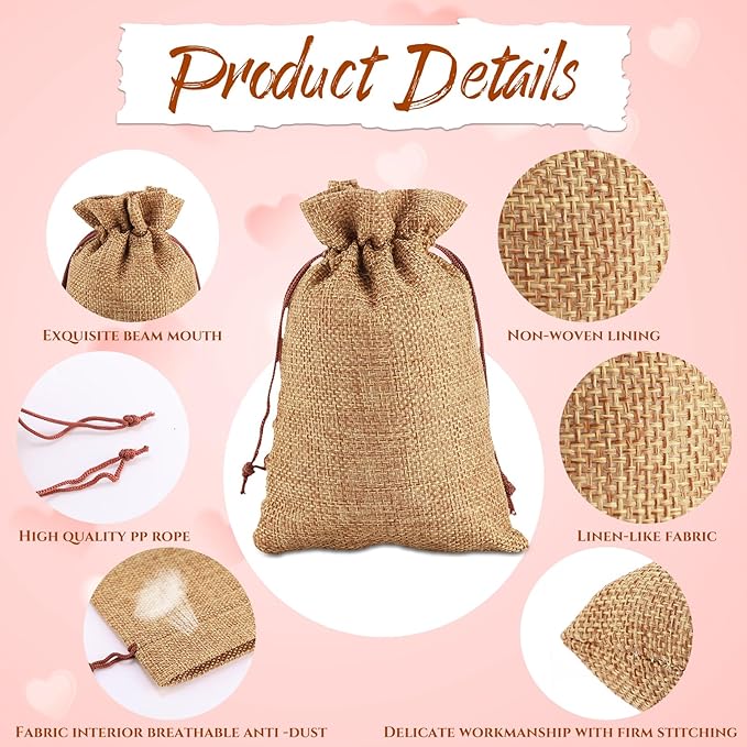 Gift Bags, 100 Dark Brown Burlap Drawstring Bags with Kraft Tags