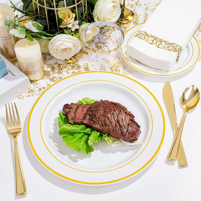 NOCCUR 700PCS Gold Disposable Dinnerware Set for 100 Guests - Include 200 Gold Dinner/Dessert Plates, 100 Napkins, 100 Cups, 300 Plastic Silverware for Wedding/Party/Thanksgiving
