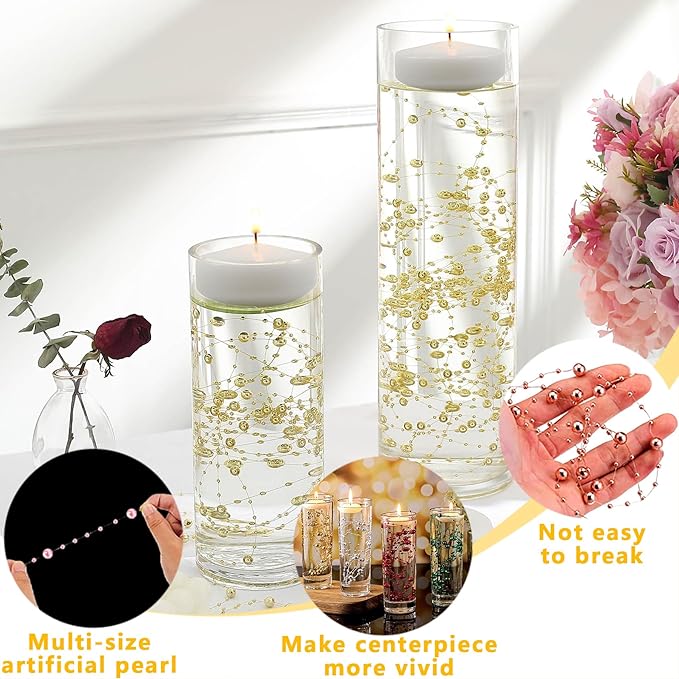 50 PCS Artificial Floating Beads for Centerpieces Vases, Black Gold 8+3mm String Beads for Wedding Party Faux Pearl String for Decorating, String Pearls for Crafts Vase Filler