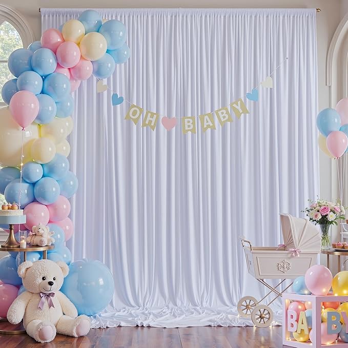 50×14 ft White Wrinkle Free Backdrop Curtain for Wedding Parties, 10 Panels 5×14ft Height Soft Silky Polyester Backdrop Drapes White Photo Back Drop Curtains for Birthday Photography Background Cloth