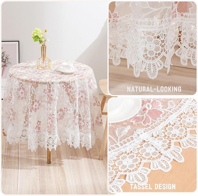 Round Embroidered Lace Tablecloth Vintage Decorative Exquisite Border Table Cover for Party Wedding Home Decorations, Round-35, White