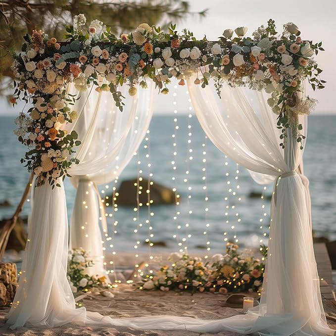 Fomcet Tulle Backdrop Curtains White 30FT X 8FT Tulle Curtains with Lights String Sheer Backdrop Curtain for Parties Wedding Baby Shower Photo Shoot Decorations (6 Panels 5 x 8FT)