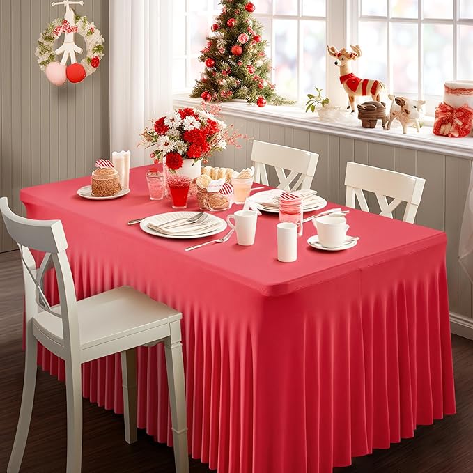 Wish Care 6 Pack Red Spandex Table Clothes for 8 Foot Rectangle Tables, 8FT Wrinkle Free Fitted Tablecloths Ruffles Design Table Cover for Party, Banquet, Wedding and Events