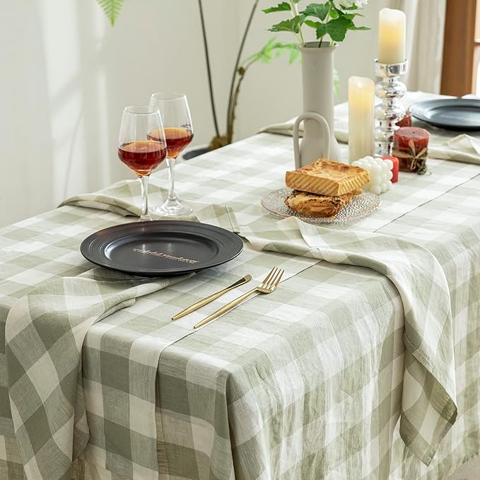 EVERLY 100% Yarn-Dyed Linen Rectangle Tablecloths 60x108Inches for Dining,Buffet Parties,Picnic,Events and Restaurants,Decorative Halloween,Thanksgiving Machine Washable Tablecloths-Sage Green Plaid