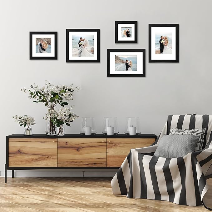 11x14 Picture Frame Set of 4 with Tempered Glass, Black Frame Display 8x10 Picture with Mat or 11 x 14 Without Mat, Rustic Wood Photo Frames for Horizontal or Vertical Wall Mounting