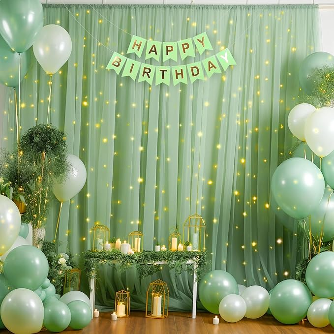 10×10ft Green Tulle Backdrop Curtain with Lights String for Parties, Sheer Photo Curtain Backdrop Drapes for Wedding Party Photography Backgrounds