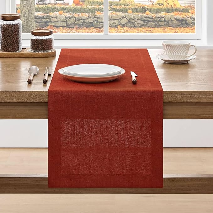 ZeeMart Linen Textured Border Table Runner, 14 x 36 Inch Orange, Farmhouse Style Burnt Orange Fall Table Runners 36 Inches Long, Easy Care Everyday Polyester Table Runner