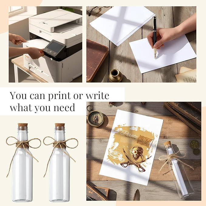 Baderke 48 Pcs 5.6 oz Message Bottles with Letter Printer Paper Plastic Bottles & Corks Twines for Message Invitations Birthday Wedding Baby Shower DIY Crafts Gift Party Favors (White)