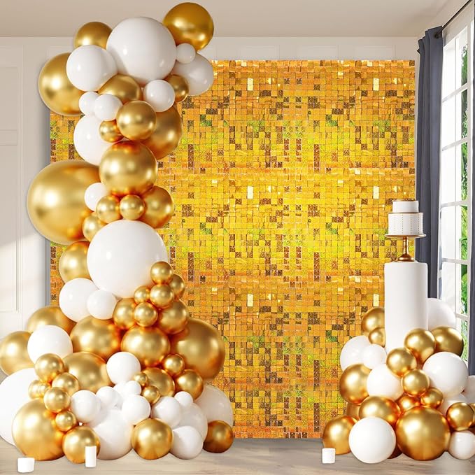12PCS Gold Shimmer Wall Backdrop, Laser Square Sequin Photo Backdrops Panel, Glitter Wall Background for Birthdays, Weddings, Christmas, Engagements, Disco Bachelorette Party Decoration (3FTx4FT)