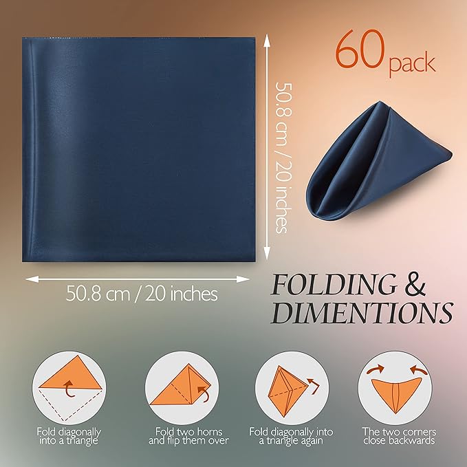 Manyshofu 60 Navy Blue Satin Napkins - 20x20 Inches Square Fabric Napkins Set - Soft & Reusable for Wedding Dinner Party Lunch
