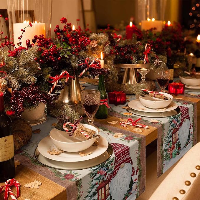 Christmas Gnomes Cotton Linen Table Runner for Dining Kitchen, Xmas Pine Tree Snowflake Rustic Wedding Outdoor Party Tablerunners Decoration, Retro Wood Dresser Scarf Tablecloth Runners 13x48 Inches