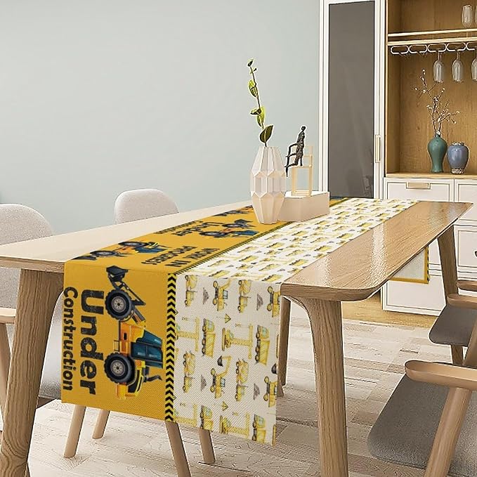 Cartoon Car Table Runner,Boys Kids Construction Vehicles Truck Yellow Print Tablecloth Burlap for Hotel Indoors Outdoor Dining Room Kitchen Home Decor,W13X L90 in