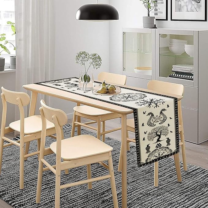 Ancient Abstract Pattern Table Runner, Tree of Life Eagle Dragon Boat Rudder Black and White Table Runner 13x60 Inch