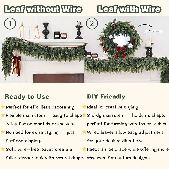 Garland - 9 Ft Green Artificial Cedar with Soft-Touch PE Foliage