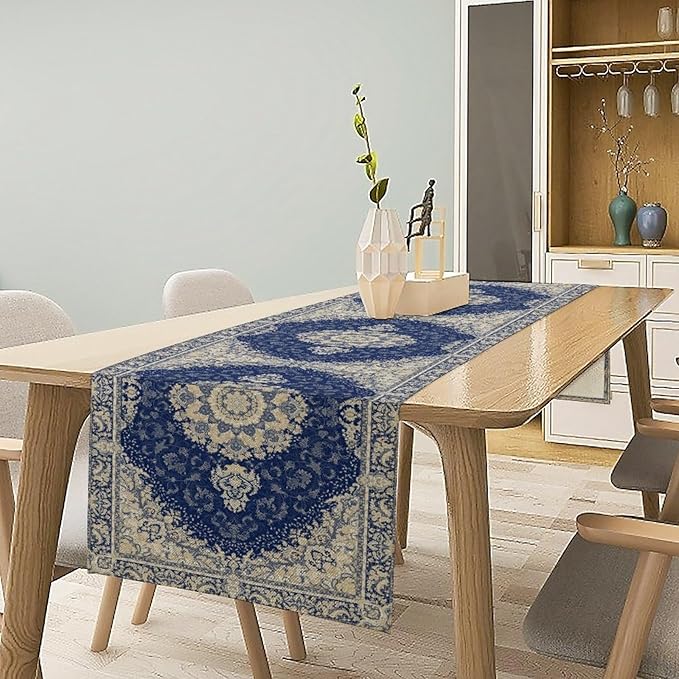 Boho Bohemia Style Dark Blue Table Runner, Country Rustic Farmhouse Magical Abstract Print Pattern for Home Kitchen Table Decor Dining Coffee Room Garden Party Decor 13x90in