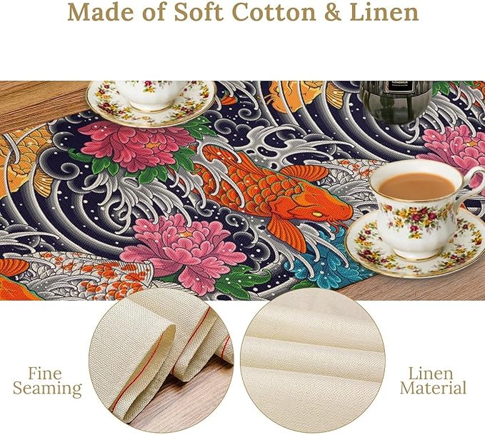 Japanese Retro Flowers Table Runner Oriental Tradition Kio Fish Art Printed Burlap Runner Home Kitchen Dining Table Living Room Decor Fabric 1 Panel W13xL70in
