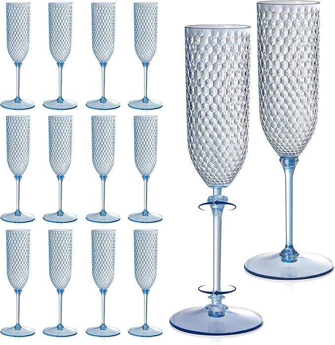 Champagne Glasses 24 Pack, 5.5 oz Detachable Dusty Blue Plastic Flutes