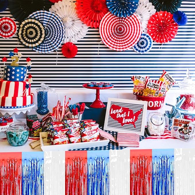 6 Pack 29x108 Inch Red Blue White Metallic Foil Fringe Tinsel Table Skirts for Rectangle Tables Streamer Curtains Backdrop for Wedding, Birthday, Parade Floats, Independence Day Party Decoration
