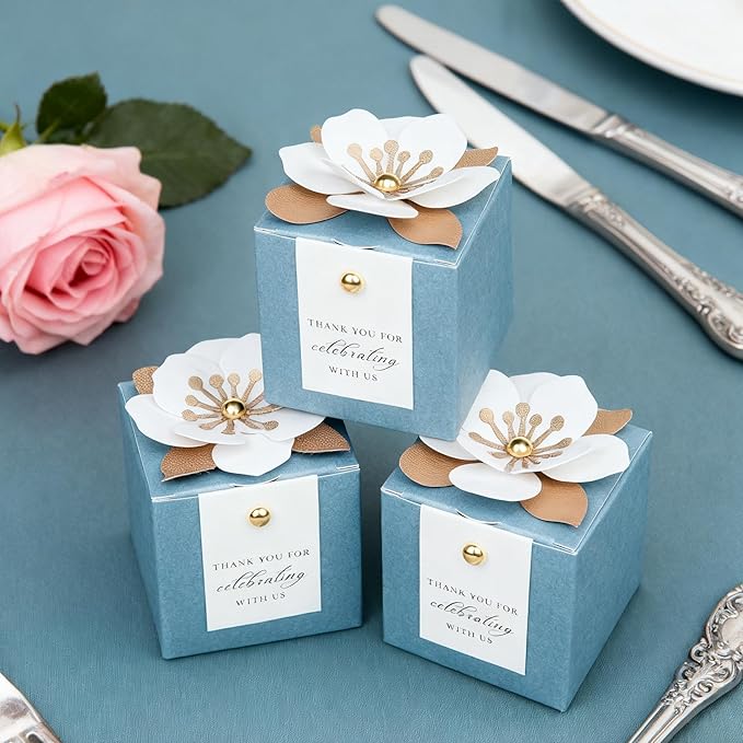 Gift Boxes, 20 Pack Dusty Blue Floral Favor Containers with Thank You Tags