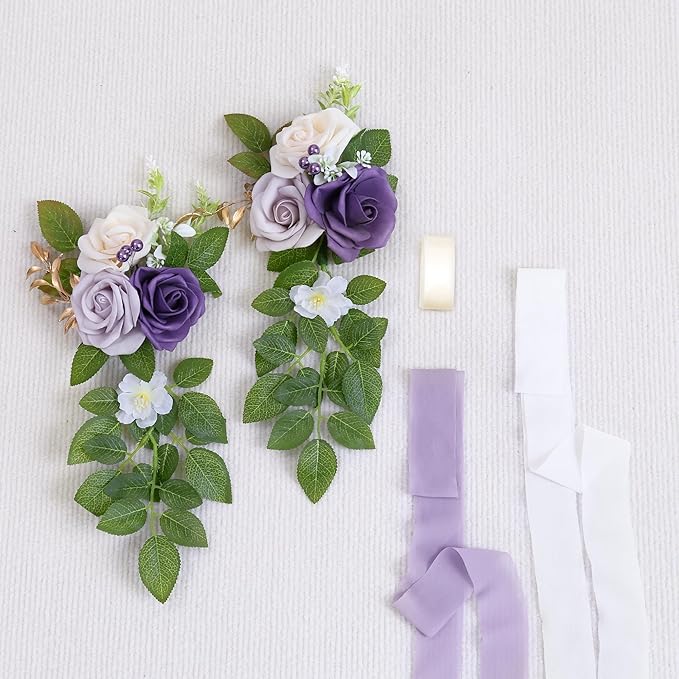 Artificial Flowers for Wedding Aisle, Purple Roses, Gold Leaves and Ribbon