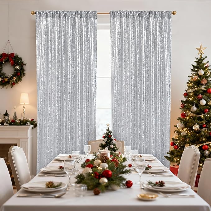 SquarePie Sequin Backdrop Non-Transparent Background Sparkly Curtain for Wedding Party 2FT x 8FT Silver 2pcs