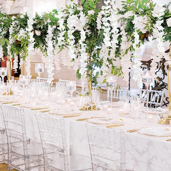 24 Pack Artificial Fake Wisteria Vine Ratta (3.75 Feet) Hanging Garland Silk Flowers String Home Party Wedding Decor (White)