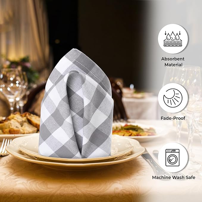 Cloth Dinner Napkins Set of 6, Grey Checkered Cotton, 20x20 Inch
