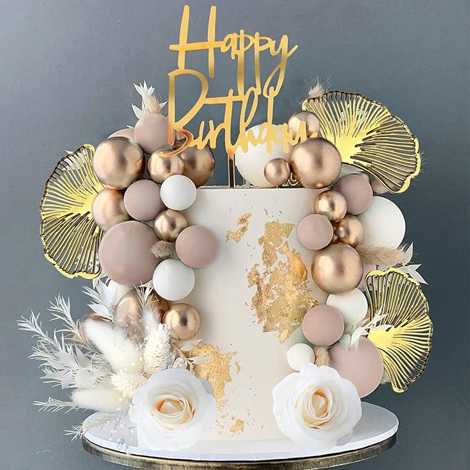 JeVenis Boho Champagne Cake Decoration Gold Balls Cake Decoration Palm Leaves Cake Topper Bohemian White Gold Ball for Wedding Birthday Birthday Anniversary