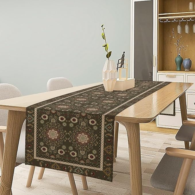 Vintage Boho Floral Table Runner, Rustic Country Farmhouse Brown Bohemia Flower Pattern for Home Kitchen Table Decor Dining Coffee Room Party Decor 13x36in