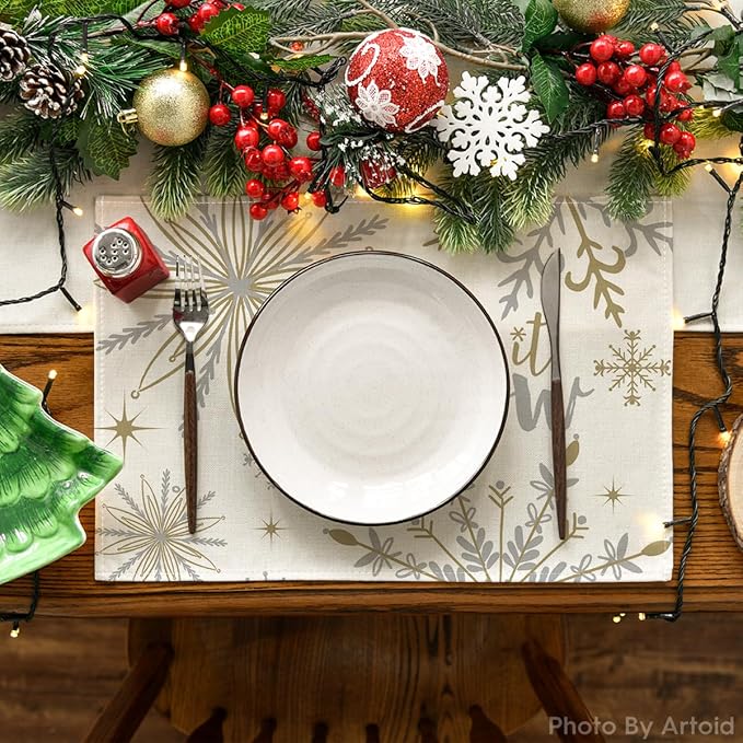 Artoid Mode Beige Snowflake Let It Snow Winter Placemats Set of 8, 12x18 Inch Seasonal Christmas Table Mats for Party Kitchen Dining Decoration