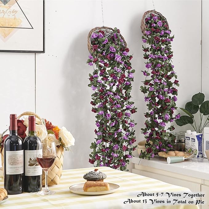 8 Pcs x 8.2 ft Flower Garland Artificial Rose Vine Flowers with Green Leaves Hanging Fake Roses Vine for Room Party Home Wedding Birthday Christmas Wall Arch Decor, Spring Purple Flower
