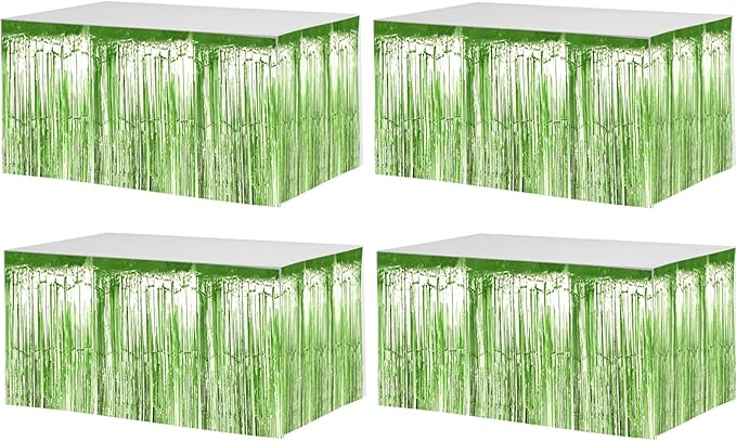 4 Pack 29x108 Inch Metallic Foil Fringe Tinsel Table Skirts for Rectangle Tables Streamer Backdrop for Wedding, Birthday, Parade Floats, Christmas, Halloween Party Decoration(Light Green)