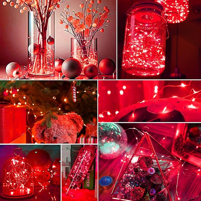 pozzolanas 8 Pack Red Battery Operated String Lights - 7ft Waterproof Fairy Lights with 20 LEDs for Home, Mason Jar, Party, Wedding, Halloween, Christmas Decorations