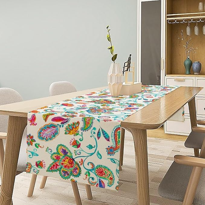 Paisley Table Runner, Watercolor Floral Oriental Indian Traditional Tulips Leaves Bohemian Paisley Print Table Runner for Kitchen Dining Tables Party Decor, 13x90inch