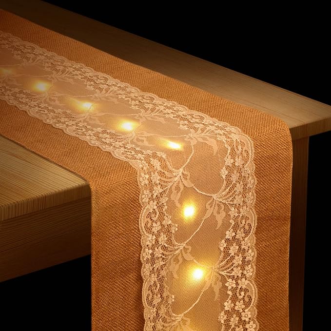 Burlap Table Runner with LED String Lights Rustic 12" x 108" Christmas Tablecloth Lighted Table Runner Farmhouse Decor for Wedding Bridal Shower Xmas Holiday (Pack of 2)