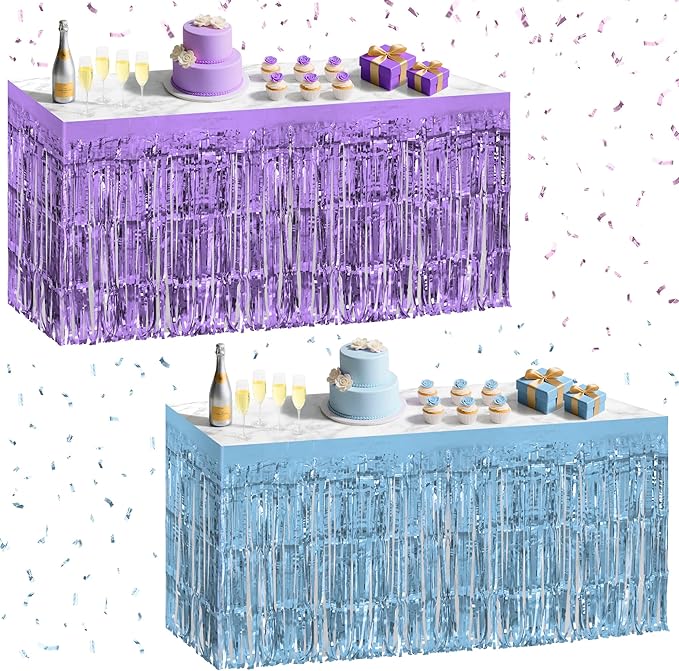 2 Pack Light Blue Light Purple Table Skirts, 29x108" Metallic Foil Tinsel Fringe Table Skirt for Rectangle Tables Streamer Curtains Backdrop, Party Decorations for Birthdays, Weddings, Holidays