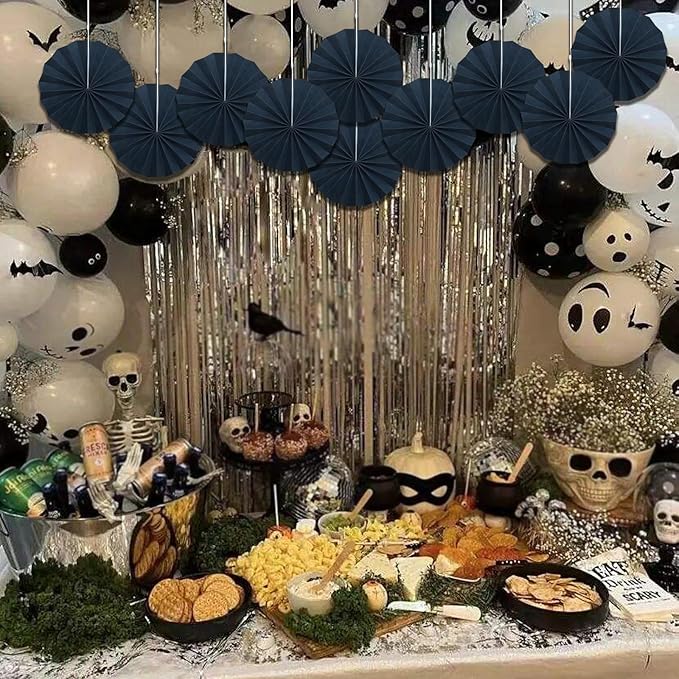 Black Party Decorations,Halloween Decor Events Accessories,Black Birthday Decorations,Anniversary Decorations for Party,Birthday Decorations for Men 8in Hanging Paper Fans 30 Color DIY Set(Black)