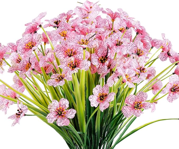 12 Bundles Artificial Flowers Outdoor UV Resistant Fake Flowers No Fade Faux Plastic Plants Garden Porch Window Box Decorating (Pink)