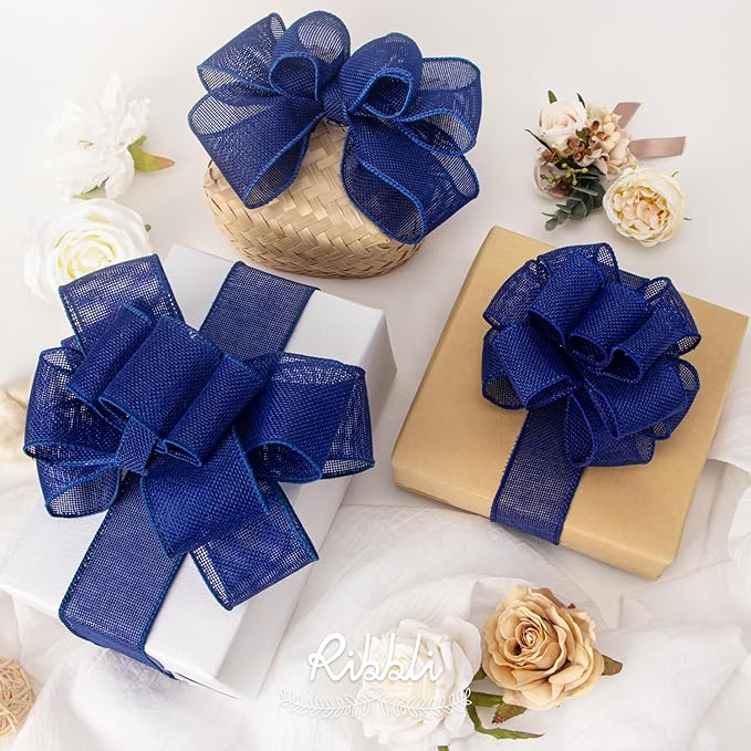 Ribbli Royal Blue Burlap Wired Ribbon, 1-1/2” Inch x Continuous 20 Yard, Blue Wired Ribbon for Wreaths,Big Bows,Tree Decoration,Outdoor Decoration