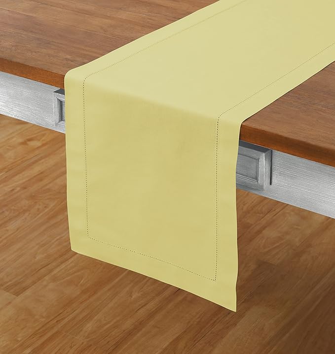 Solino Home Yellow Table Runner 108 Inches Long - Cotton Linen Hemstitch 14 x 108 Inch Table Runner for Dining