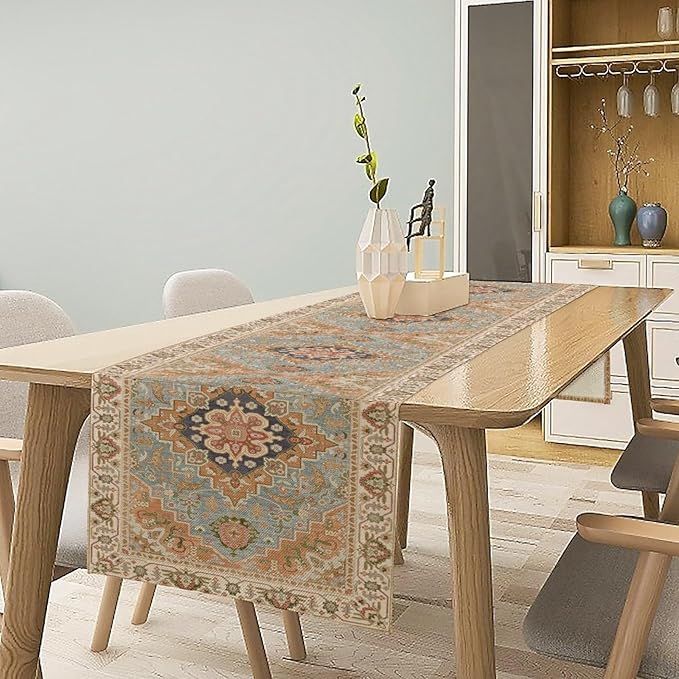 Vintage Boho Floral Table Runner, Rustic Country Farmhouse Grey Blue Orange Bohemia Flower Pattern for Home Kitchen Table Decor Dining Coffee Room Party Decor 13x36in