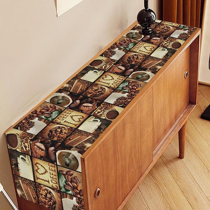 Coffee Theme Table Runner, Retro Farmhouse Coffee Cup Latte Cappuccino Tea Party Cafe Table Center Decor for Home Kitchen Dining Patio Holiday Party Indoor Outdoor Table Decorations,13"x36" Inch
