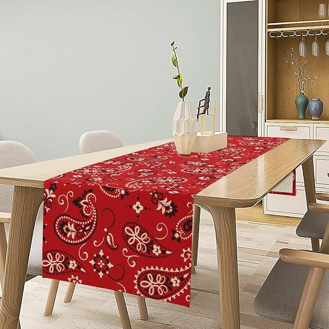 Paisley Table Runner, Boho Vintage Western Red Paisley Flower Print Table Runner for Kitchen Dining Table Wedding Holiday Party Decor, 13x60inch