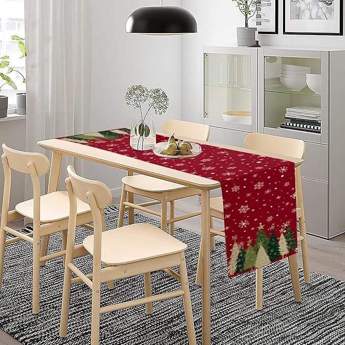 Merry Christmas Table Runner,Red Christmas Tree Snowflake Winter Seasonal Table Cloth Kitchen Dining Table Decoration for Home Party Decor 13x108 Inch