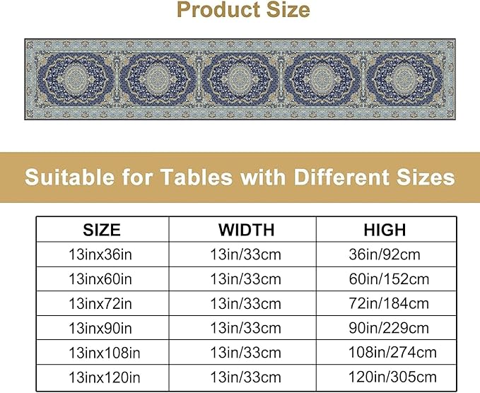 Boho Bohemia Style Blue Teal Table Runner, Country Rustic Farmhouse Magical Abstract Print Pattern for Home Kitchen Table Decor Dining Coffee Room Garden Party Decor 13x108in